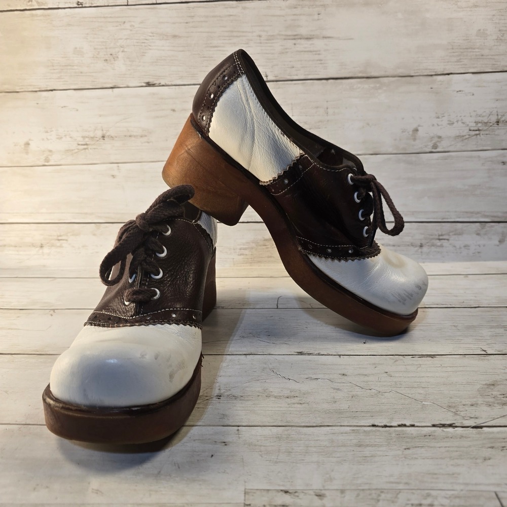 VTG 90's Hush Puppies Brown White Leather Saddle Shoe Platform Heels Steel Shank